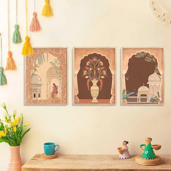 Multicolor_Pichwai_Wall_Painting_With_Frame_Traditional_Vastu_Peacock_For_Living_Room_Bed_Room_Hotel_Wall_Decor_Digital_Reprint_Engineered_Wood_(Set_Of_3)_(13X17_Inch)