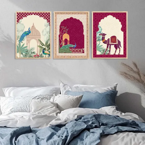 Multicolor_Traditional_Wall_Art_Pichwai_Painting_With_Frame_Vastu_Peacock_Home_Madhubani_Decoration_For_Living_Room_Bed_Room_Hotel_Wall_Decor_Digital_Reprint_(Set_Of_3)_(13X17_Inch)