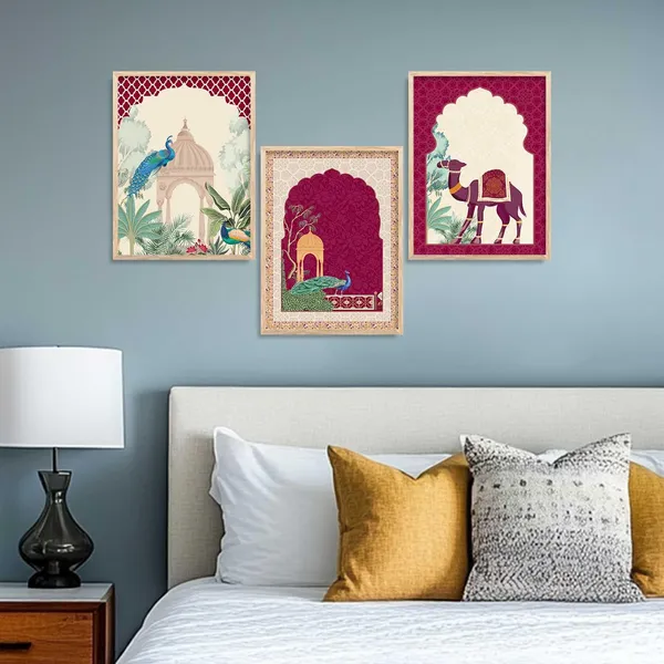 Multicolor_Traditional_Wall_Art_Pichwai_Painting_With_Frame_Vastu_Peacock_Home_Madhubani_Decoration_For_Living_Room_Bed_Room_Hotel_Wall_Decor_Digital_Reprint_(Set_Of_3)_(13X17_Inch)