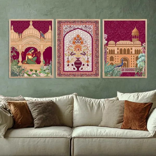 Multicolor_Pichwai_Wall_Painting_With_Frame_Traditional_Vastu_Peacock_For_Living_Room_Bed_Room_Hotel_Wall_Decor_Digital_Reprint_Engineered_Wood_(Set_Of_3)_(13X17_Inch)