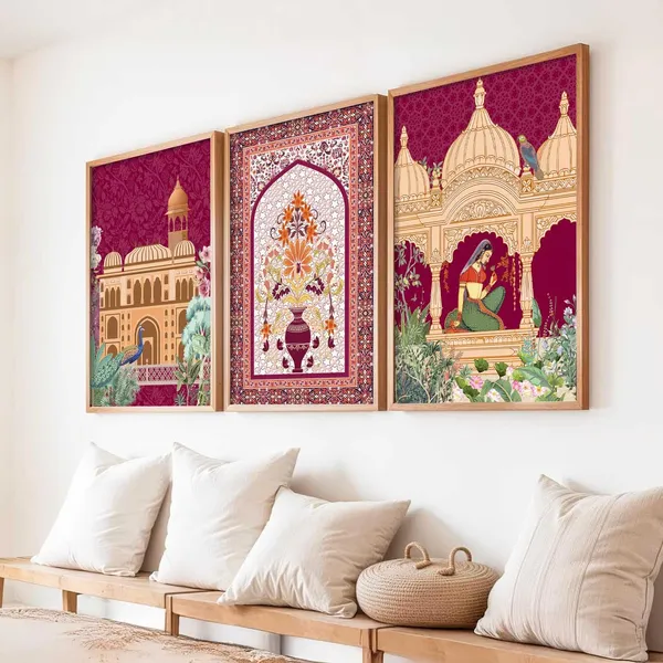 Multicolor_Pichwai_Wall_Painting_With_Frame_Traditional_Vastu_Peacock_For_Living_Room_Bed_Room_Hotel_Wall_Decor_Digital_Reprint_Engineered_Wood_(Set_Of_3)_(13X17_Inch)
