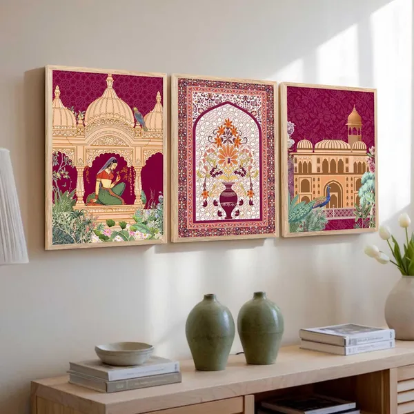 Multicolor_Pichwai_Wall_Painting_With_Frame_Traditional_Vastu_Peacock_For_Living_Room_Bed_Room_Hotel_Wall_Decor_Digital_Reprint_Engineered_Wood_(Set_Of_3)_(13X17_Inch)