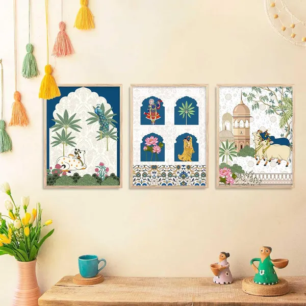 Multicolor_Traditional_Wall_Art_Pichwai_Painting_With_Frame_Vastu_Peacock_Home_Madhubani_Decoration_For_Living_Room_Bed_Room_Hotel_Wall_Decor_Digital_Reprint_(Set_Of_3)_(13X17_Inch)