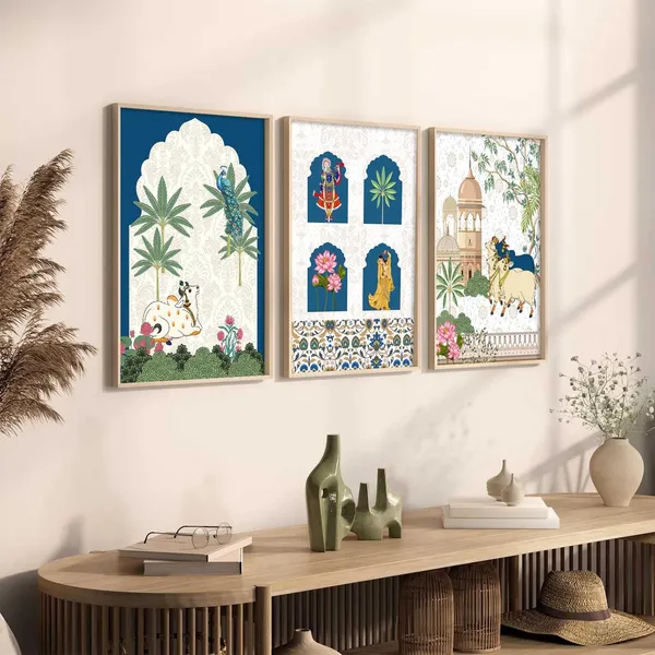 Multicolor_Traditional_Wall_Art_Pichwai_Painting_With_Frame_Vastu_Peacock_Home_Madhubani_Decoration_For_Living_Room_Bed_Room_Hotel_Wall_Decor_Digital_Reprint_(Set_Of_3)_(13X17_Inch)