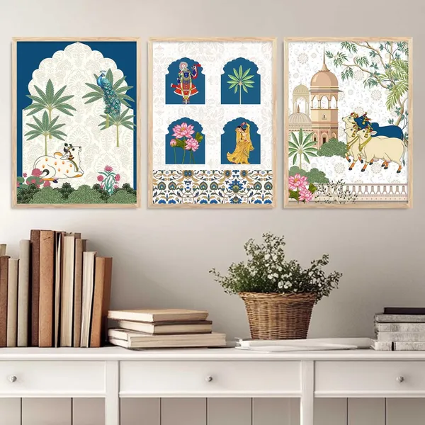 Multicolor_Traditional_Wall_Art_Pichwai_Painting_With_Frame_Vastu_Peacock_Home_Madhubani_Decoration_For_Living_Room_Bed_Room_Hotel_Wall_Decor_Digital_Reprint_(Set_Of_3)_(13X17_Inch)