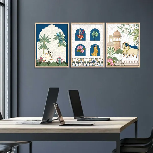 Multicolor_Traditional_Wall_Art_Pichwai_Painting_With_Frame_Vastu_Peacock_Home_Madhubani_Decoration_For_Living_Room_Bed_Room_Hotel_Wall_Decor_Digital_Reprint_(Set_Of_3)_(13X17_Inch)