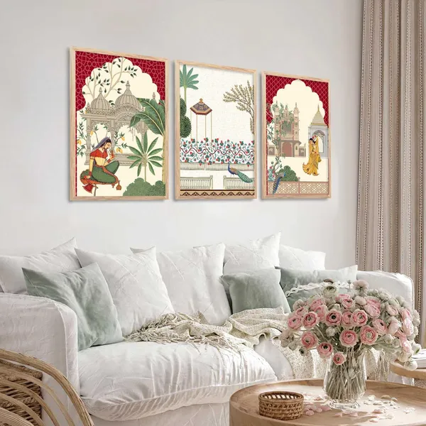 Multicolor_Pichwai_Wall_Painting_With_Frame_Traditional_Vastu_Peacock_For_Living_Room_Bed_Room_Hotel_Wall_Decor_Digital_Reprint_Engineered_Wood_(Set_Of_3)_(13X17_Inch)