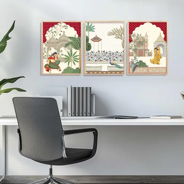Multicolor_Pichwai_Wall_Painting_With_Frame_Traditional_Vastu_Peacock_For_Living_Room_Bed_Room_Hotel_Wall_Decor_Digital_Reprint_Engineered_Wood_(Set_Of_3)_(13X17_Inch)