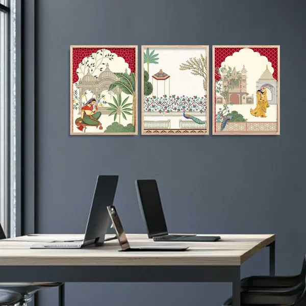Multicolor_Pichwai_Wall_Painting_With_Frame_Traditional_Vastu_Peacock_For_Living_Room_Bed_Room_Hotel_Wall_Decor_Digital_Reprint_Engineered_Wood_(Set_Of_3)_(13X17_Inch)