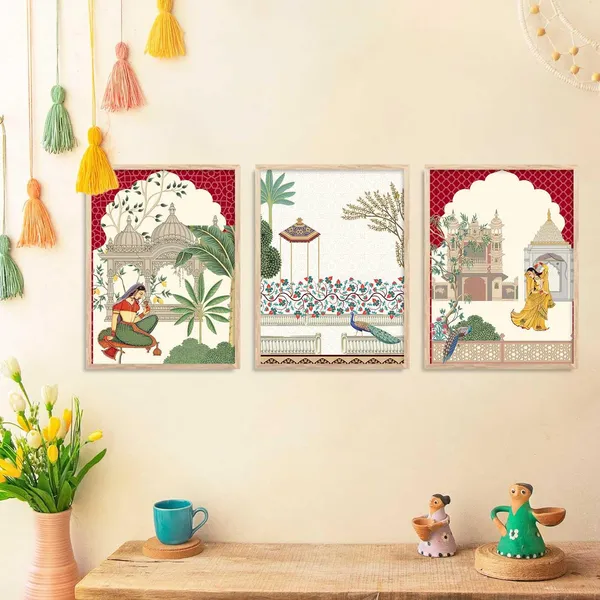 Multicolor_Pichwai_Wall_Painting_With_Frame_Traditional_Vastu_Peacock_For_Living_Room_Bed_Room_Hotel_Wall_Decor_Digital_Reprint_Engineered_Wood_(Set_Of_3)_(13X17_Inch)