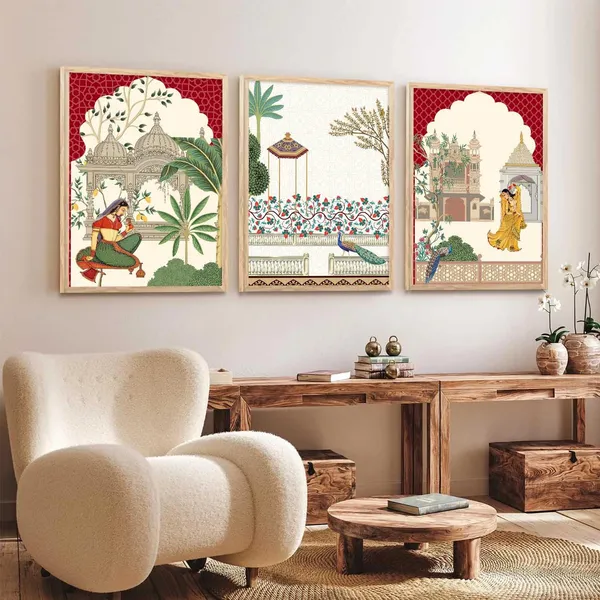 Multicolor_Pichwai_Wall_Painting_With_Frame_Traditional_Vastu_Peacock_For_Living_Room_Bed_Room_Hotel_Wall_Decor_Digital_Reprint_Engineered_Wood_(Set_Of_3)_(13X17_Inch)