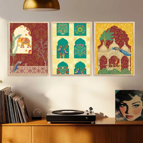 Multicolor_Indian_Traditional_Art_Wall_Pichwai_Painting_Vastu_Peacock_Madhubani_Home_Decoration_With_Frame_For_Living_Room_Bed_Room_Hotel_Wall_Decor_Digital_Reprint_(Set_Of_3)_(13X17_Inch)