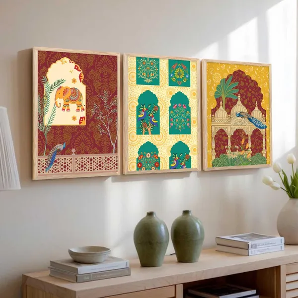 Multicolor_Indian_Traditional_Art_Wall_Pichwai_Painting_Vastu_Peacock_Madhubani_Home_Decoration_With_Frame_For_Living_Room_Bed_Room_Hotel_Wall_Decor_Digital_Reprint_(Set_Of_3)_(13X17_Inch)