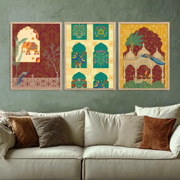 Multicolor_Indian_Traditional_Art_Wall_Pichwai_Painting_Vastu_Peacock_Madhubani_Home_Decoration_With_Frame_For_Living_Room_Bed_Room_Hotel_Wall_Decor_Digital_Reprint_(Set_Of_3)_(13X17_Inch)