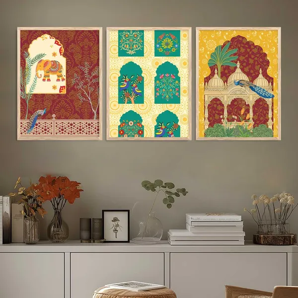 Multicolor_Indian_Traditional_Art_Wall_Pichwai_Painting_Vastu_Peacock_Madhubani_Home_Decoration_With_Frame_For_Living_Room_Bed_Room_Hotel_Wall_Decor_Digital_Reprint_(Set_Of_3)_(13X17_Inch)