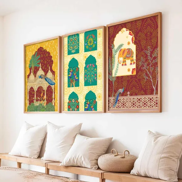 Multicolor_Indian_Traditional_Art_Wall_Pichwai_Painting_Vastu_Peacock_Madhubani_Home_Decoration_With_Frame_For_Living_Room_Bed_Room_Hotel_Wall_Decor_Digital_Reprint_(Set_Of_3)_(13X17_Inch)