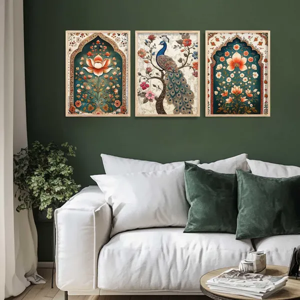 Multicolor_Traditional_Wall_Art_Painting_With_Frame_Vastu_Peacock_Home_Decoration_For_Living_Room_Bed_Room_Hotel_Wall_Decor_Digital_Reprint_(Set_Of_3)_(13X17_Inch)