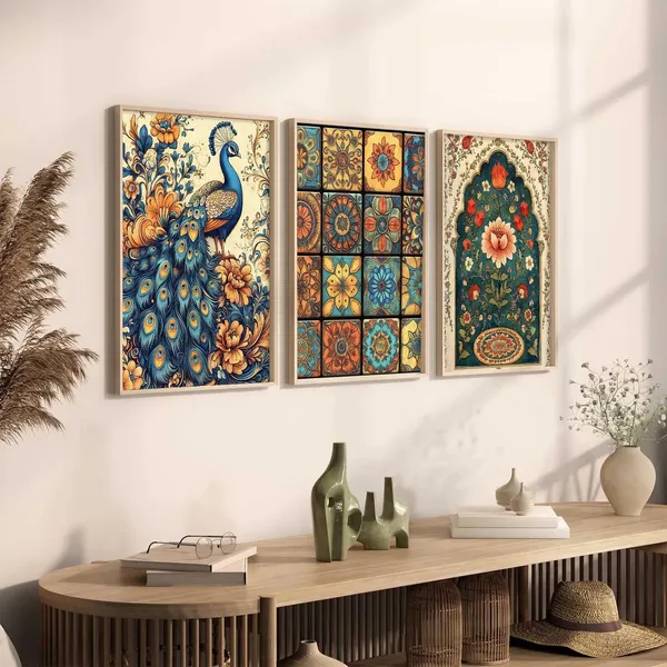 Multicolor_Traditional_Wall_Art_Pichwai_Painting_With_Frame_Vastu_Peacock_Home_Madhubani_Decoration_For_Living_Room_Bed_Room_Hotel_Wall_Decor_Digital_Reprint_(Set_Of_3)_(13X17_Inch)