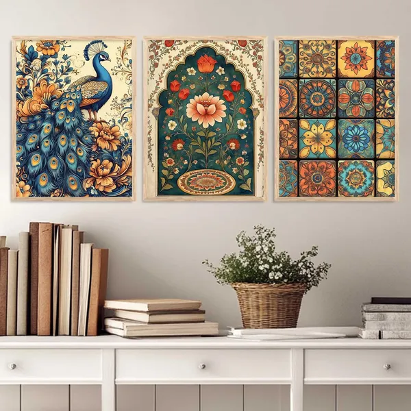 Multicolor_Traditional_Wall_Art_Pichwai_Painting_With_Frame_Vastu_Peacock_Home_Madhubani_Decoration_For_Living_Room_Bed_Room_Hotel_Wall_Decor_Digital_Reprint_(Set_Of_3)_(13X17_Inch)