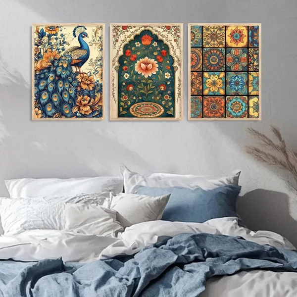 Multicolor_Traditional_Wall_Art_Pichwai_Painting_With_Frame_Vastu_Peacock_Home_Madhubani_Decoration_For_Living_Room_Bed_Room_Hotel_Wall_Decor_Digital_Reprint_(Set_Of_3)_(13X17_Inch)