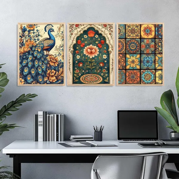 Multicolor_Traditional_Wall_Art_Pichwai_Painting_With_Frame_Vastu_Peacock_Home_Madhubani_Decoration_For_Living_Room_Bed_Room_Hotel_Wall_Decor_Digital_Reprint_(Set_Of_3)_(13X17_Inch)