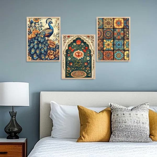 Multicolor_Traditional_Wall_Art_Pichwai_Painting_With_Frame_Vastu_Peacock_Home_Madhubani_Decoration_For_Living_Room_Bed_Room_Hotel_Wall_Decor_Digital_Reprint_(Set_Of_3)_(13X17_Inch)