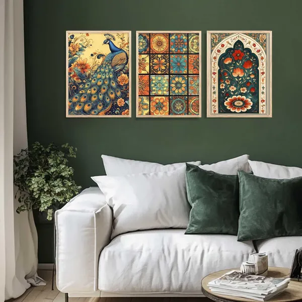 Multicolor_Traditional_Wall_Painting_With_Frame_Vastu_Peacock_For_Living_Room_Bed_Room_Hotel_Wall_Decor_Digital_Reprint_Engineered_Wood_(Set_Of_3)_(13X17_Inch)