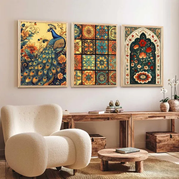 Multicolor_Traditional_Wall_Painting_With_Frame_Vastu_Peacock_For_Living_Room_Bed_Room_Hotel_Wall_Decor_Digital_Reprint_Engineered_Wood_(Set_Of_3)_(13X17_Inch)