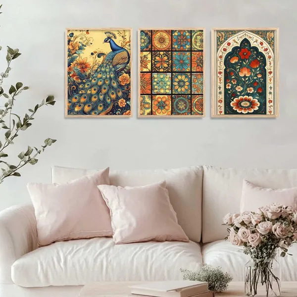 Multicolor_Traditional_Wall_Painting_With_Frame_Vastu_Peacock_For_Living_Room_Bed_Room_Hotel_Wall_Decor_Digital_Reprint_Engineered_Wood_(Set_Of_3)_(13X17_Inch)
