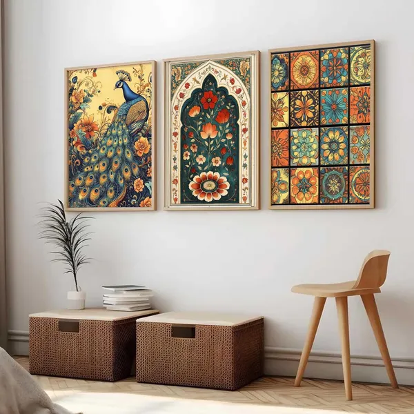 Multicolor_Traditional_Wall_Painting_With_Frame_Vastu_Peacock_For_Living_Room_Bed_Room_Hotel_Wall_Decor_Digital_Reprint_Engineered_Wood_(Set_Of_3)_(13X17_Inch)