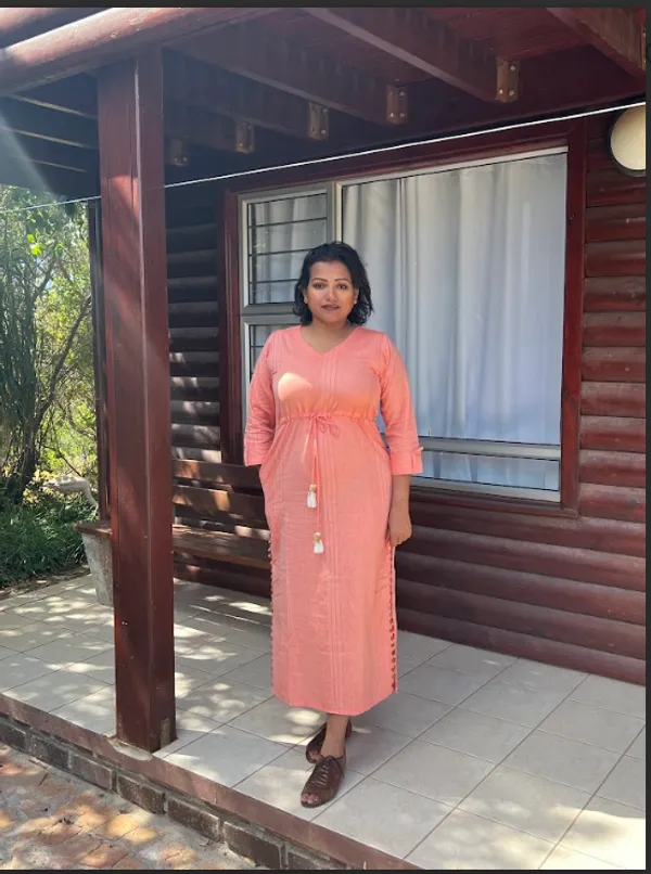 Peach_Handloom_Cotton_Tie-up_Wooden_Buttons_Dress_For_Women