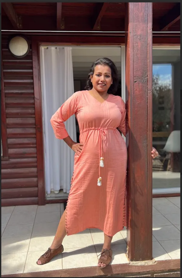Peach_Handloom_Cotton_Tie-up_Wooden_Buttons_Dress_For_Women