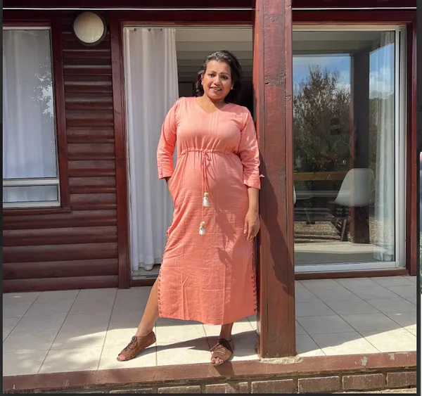 Peach_Handloom_Cotton_Tie-up_Wooden_Buttons_Dress_For_Women
