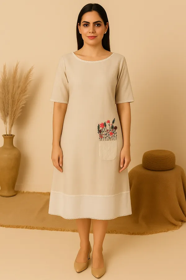 Beige_Cotton_Jute_1_Pocket_Floral_Dress_For_Women