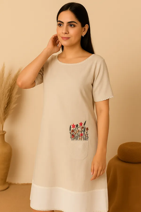 Beige_Cotton_Jute_1_Pocket_Floral_Dress_For_Women