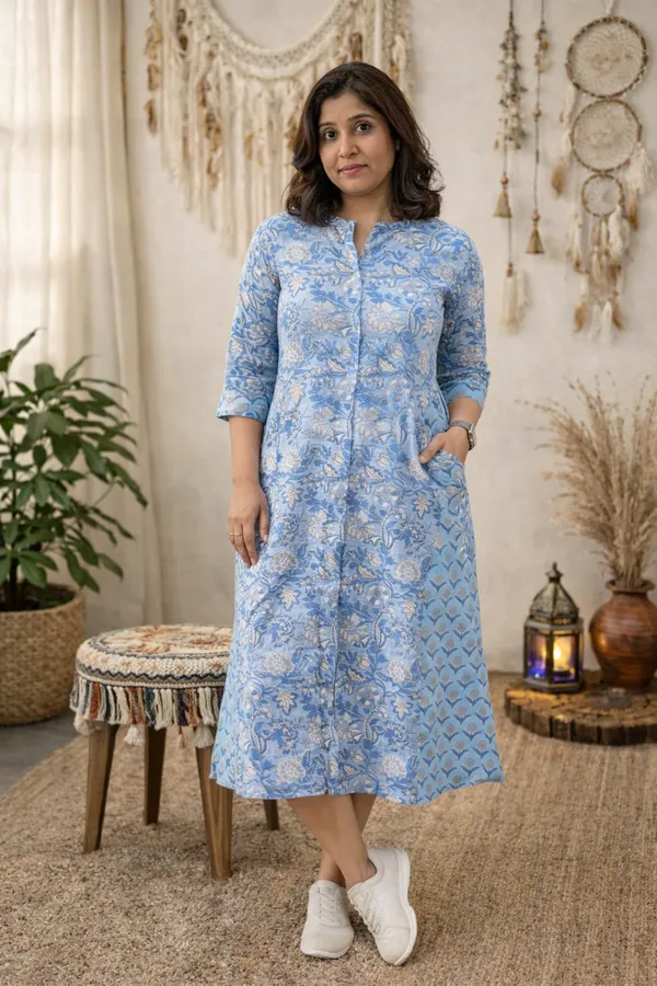 Blue_Mull_Hand_Block_Printed_Dress_For_Women