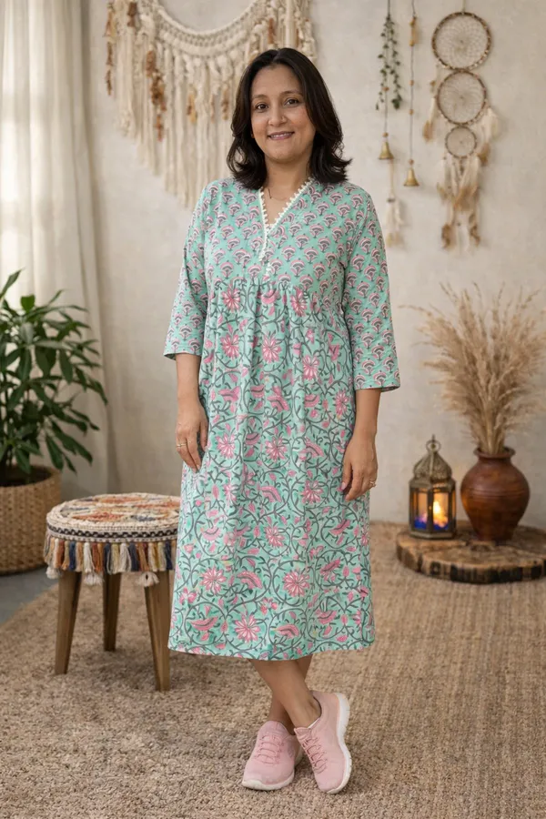 Green_Cambric_V_Neck_Dress_For_Women