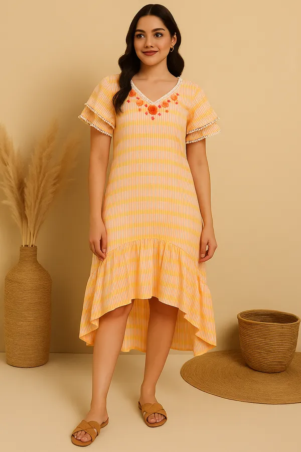 Orange_Wrinkle_Cotton_Stripes_Double_Cloth_Maxi_Dress_For_Women