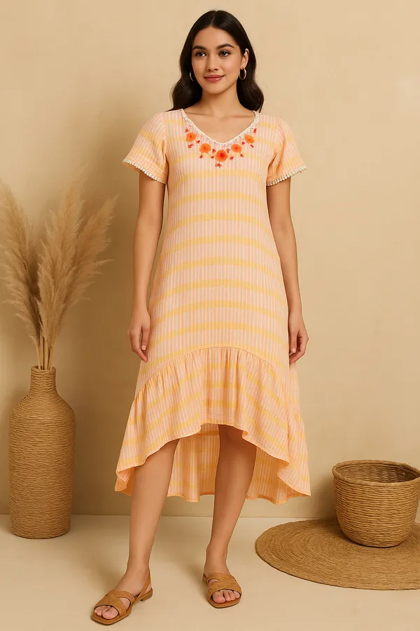 Orange_Wrinkle_Cotton_Stripes_Double_Cloth_Maxi_Dress_For_Women