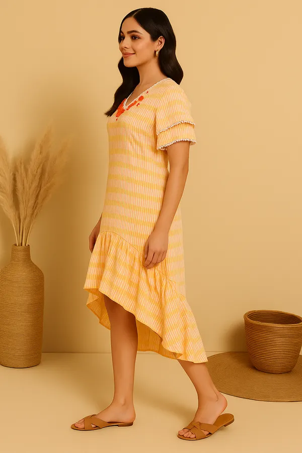 Orange_Wrinkle_Cotton_Stripes_Double_Cloth_Maxi_Dress_For_Women