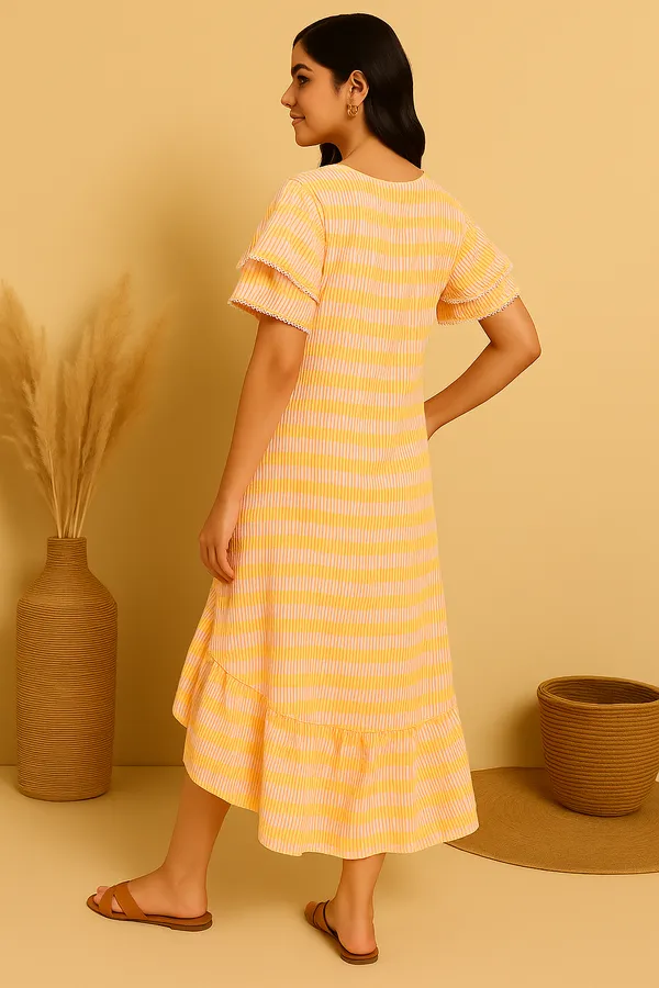 Orange_Wrinkle_Cotton_Stripes_Double_Cloth_Maxi_Dress_For_Women