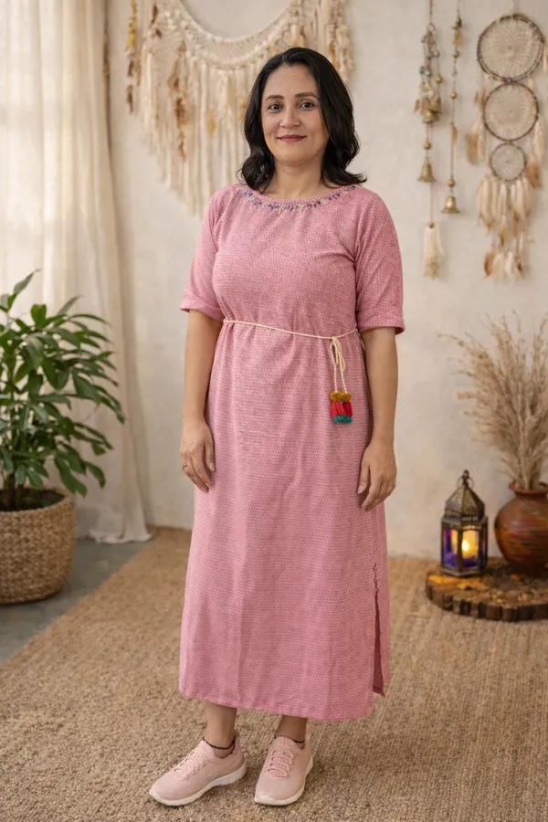 Pink_Handloom_Cotton_Dobby_Tassel_Dress_For_Women