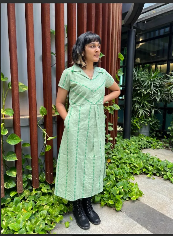 Green_Handloom_Cotton_Woven_Shirt_Dress_For_Women