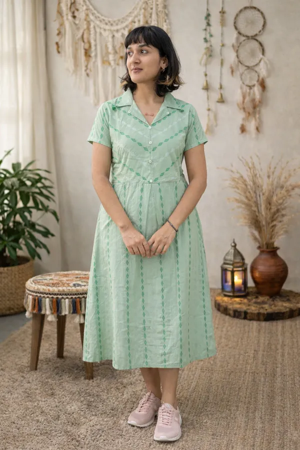 Green_Handloom_Cotton_Woven_Shirt_Dress_For_Women