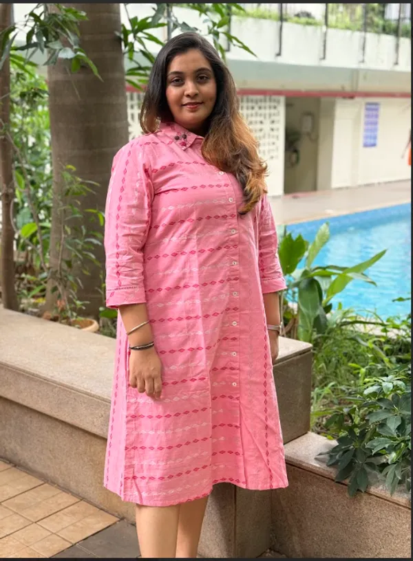 Pink_Handloom_Cotton_Shirt_Collar_Dress_For_Women