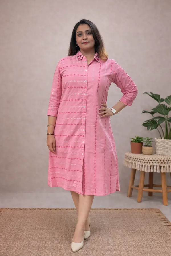 Pink_Handloom_Cotton_Shirt_Collar_Dress_For_Women