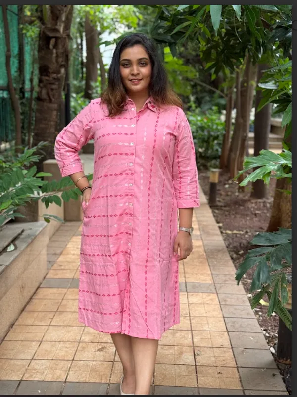 Pink_Handloom_Cotton_Shirt_Collar_Dress_For_Women
