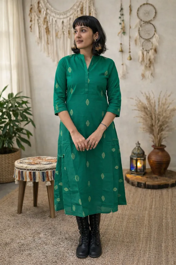Green_Handloom_Cotton_Woven_Dress_For_Women
