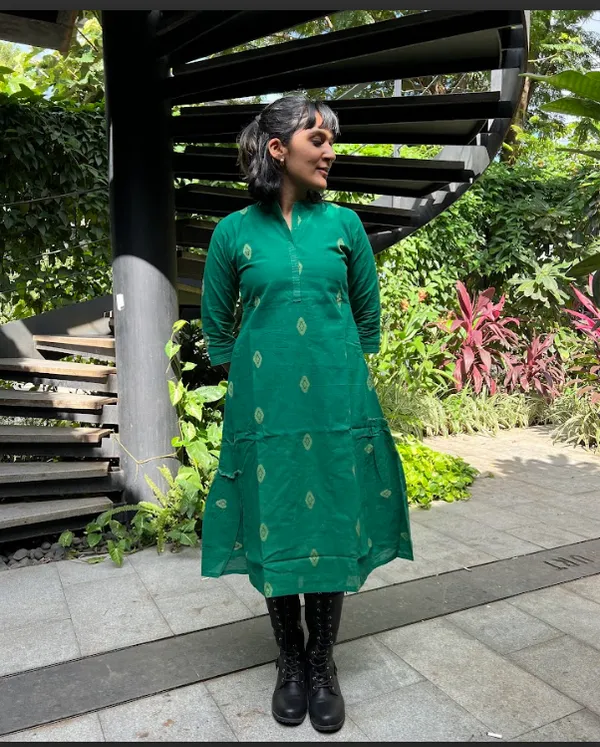 Green_Handloom_Cotton_Woven_Dress_For_Women