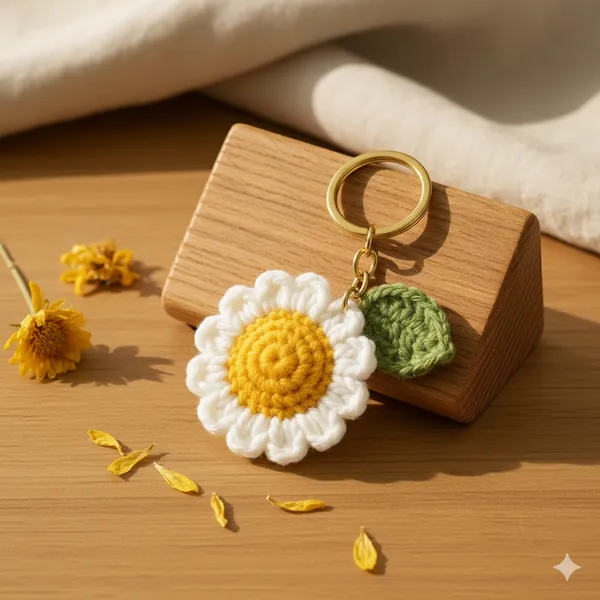 White_Woolen_Handmade_Premium_Quality_Crochet_Daisy_Keychain